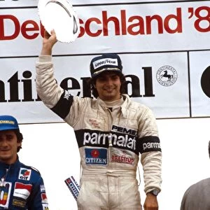 1981 German Grand Prix: Nelson Piquet 1st position and Alain Prost 2nd position on the podium