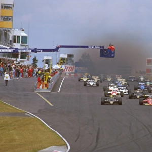 1985 German Grand Prix: Keke Rosberg leads Ayrton Senna and Stefan Johansson at the start