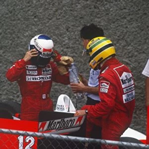 1988 Mexican Grand Prix: Ayrton Senna, 2nd position and Alain Prost 1st position, in parc ferme, portrait