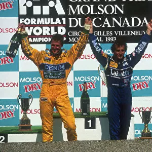 1993 Canadian Grand Prix. Montreal, Canada. 11-13 June 1993. Alain Prost (Williams Renault), 1st position, Michael Schumacher (Benetton Ford) 2nd position and Damon Hill (Williams Renault)