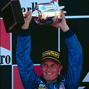 1995 SPANISH GP. Johnny Herbert finishes 2nd on the podium behind team mate Michael Schumacher in Barcelona. Photo: LAT