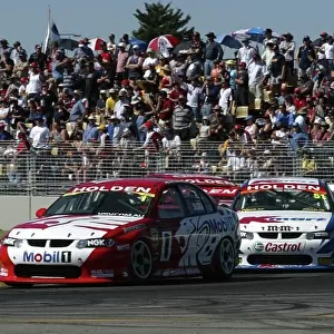2002 Australian V8 Supercars Adelaide Clipsal 500. Australia. 17th March 2002 Holden driver Mark Skaife leads second place driver Greg Murphy on his way to victory in race 2 in Adelaide today. World Copyright: Mark Horsburgh/LAT Photographic ref