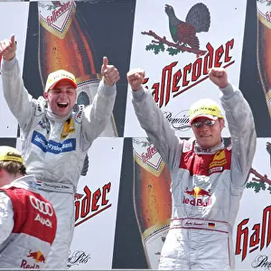 2004 DTM Championship Estoril, Portugal. 1st - 2nd May 2004. RAce winner Christijan Albers (HWA Mercedes C-Class) and Martin Tomczyk (Abt Sportsline Audi A4) 3rd - podium. World Copyright: Andre Irlmeir/LAT Photographic ref: Digital Image Only