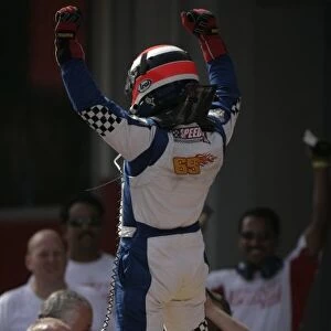 2008 Speedcar Series. Saturday Race. Dubai. Dubai Autodrome. 12th April. 2008 Speedcar champion Johnny Herbert celebrates victory. World Copyright: Alastair Staley / LAT Photographic Service ref: __P9O4731. jpg