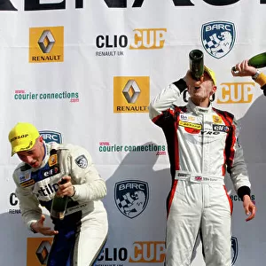 2014 Renault Clio Cup, Rockingham Motor Speedway, Northamptonshire. 5th - 7th September 2014. Race 2 Podium (l-r) Jordan Stilp (GBR) 20Ten Racing Renault Clio Cup, Mike Bushell (GBR) VitalRacing with Team Pyro Renault Clio Cup
