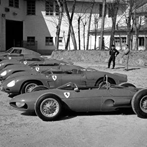 Ferrari F1 Launch: A selection of racing Ferraris are displayed outside the Ferrari factory, including a Ferrari 156 Sharknose"