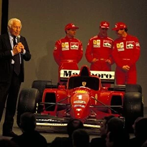 Ferrari F310 Launch: FIAT President Gianni Agnelli addresses the media at the launch of the new Ferrari F310. Drivers Nicola Larini, Michael Schumacher