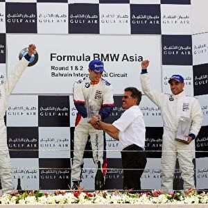 Formula BMW Asia: The podium: Salman Al Khalifa Team E-Rain, second; Robert Boughey Team Meritus, winner; Dr Mario Theissen BMW Motorsport Technical