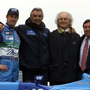 Formula One Launch: L to R: Jenson Button, Flavio Briatore, Luciano Benetton, Patrick Faure and Giancarlo Fisichella