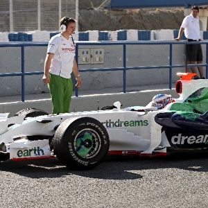 Formula One Testing: Jenson Button Honda RA108 runs a shark fin engine cover