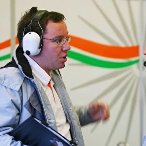 Formula One Testing: Jody Egginton Force India Race Engineer talks with Dominic Harlow Force India F1 Chief Race Engineer