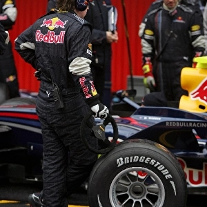 Formula One Testing: Spare wheel and spare steering wheel for Red Bull Racing pitstop practice
