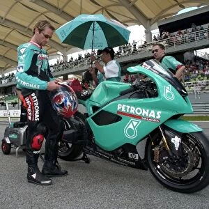 Formula One World Championship: Carl Fogarty Foggy Team Petronas Team Owner demonstrates the FP1 that his new Superbike team are using