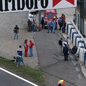 Formula One World Championship: The damaged barrier after Andrea Montermini Simtek Ford S941 crashes during free practice