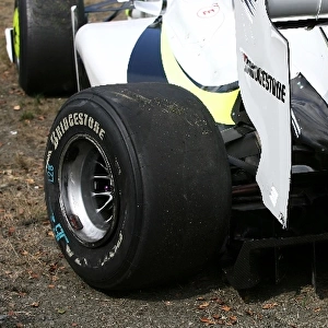 Formula One World Championship: Damaged Brawn Grand Prix BGP 001 of Jenson Button Brawn Grand Prix