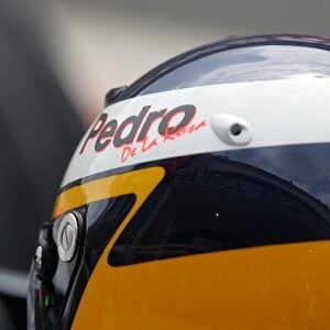 Formula One World Championship: Helmet detail of Pedro de la Rosa McLaren Test Driver