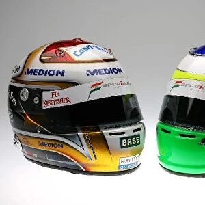 Formula One World Championship: The helmets of Adrian Sutil Force India F1 and Giancarlo Fisichella Force India F1