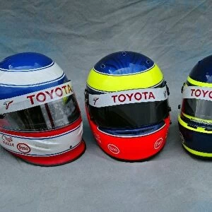 Formula One World Championship: The helmets of Olivier Panis Toyota, Ricardo Zonta Toyota Test Driver and Cristiano Da Matta Toyota