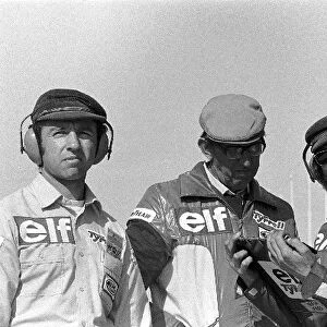 Formula One World Championship: L to R: Jo Ramirez, Ken Tyrrell, Chief Mechanic Roger Hill, and designer Derek Gardner