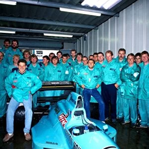 Formula One World Championship: Mauricio Gugelmin and Ivan Capelli pose for a Leyton House March team group shot