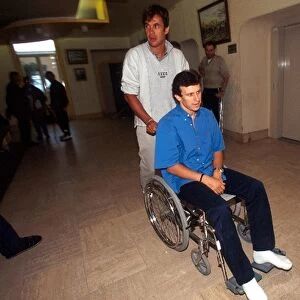 Formula One World Championship: Olivier Panis arrives at the Cure Marine sports injury rehabilitation hospital to recover from the broken legs