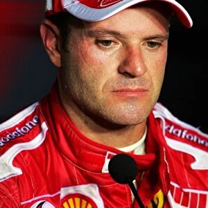 Formula One World Championship: Third place finisher Rubens Barrichello Ferrari in the post race press conference