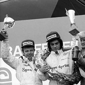 Formula One World Championship: The podium for the International Formula Three race running as a support for the GP: Conny Andersson March, second