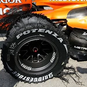 Formula One World Championship: The shredded rear Bridgestone tyre of Christian Albers Spyker F8-VII after he suffered a blowout