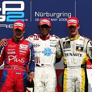 GP2 Series: The podium: Nicolas Lapierre Arden International, second; Lewis Hamilton, race winner; Jose Maria Lopez Super Nova, third