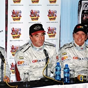 Grand Prix Masters: The post race press conference: Riccardo Patrese, third; Nigel Mansell, winner; Emerson Fittipaldi, second; Andrea de Cesaris