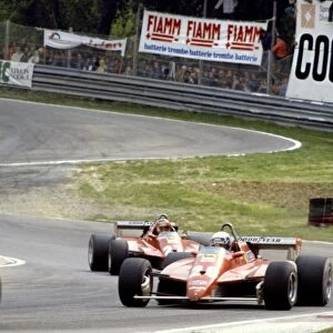 Imola, Italy. 25 April 1982: Rene Arnoux, Renault RE30B, retired, leads Didier Pironi, Ferrari 126C2, 1st position, and Gilles Villeneuve, Ferrari 126C2