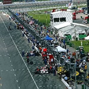 Indy Racing League: Helio Castro Neves, Team Penske, and Alex Barron pit during the running of the Gateway Indy 250