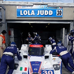 Le Mans 24 Hours: Andrea Piccini / Matteo Bobbi / Thomas Biagi Racing Box Lola B08 / 80 Judd is pushed back into the garage