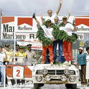 Safari Rally, Kenya. 29 March-2 April 1986: Bjorn Waldegaard / Fred Gallagher, 1st position. On the podium with Henry Liddon and Ove Andersson