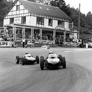Spa-Francorchamps, Belgium. 18 June 1961: Phil Hill, Ferrari Dino 156, 1st position, leads Wolfgang von Trips, Ferrari Dino 156, 2nd position