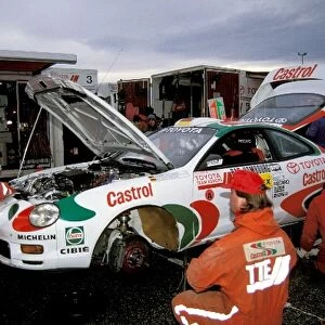 World Rally Championship: Armin Schwarz / Klaus Wicha Toyota Celica GT-Four at a service point. They retired from the rally with engine failure