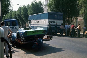 1960s Le Mans Gallery: 1969 Le Mans 24 hours: The Matra team trucks with a MS630 on a trailer, atmosphere