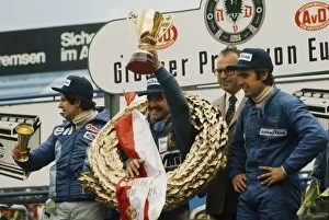 1974 German Grand Prix - Podium: Clay Regazzoni, 1st position, Jody Scheckter, 2nd position and Carlos Reutemann