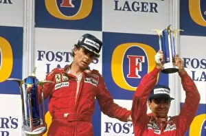 Images Dated 31st July 2012: 1987 Australian Grand Prix: Gerhard Berger, 1st position gives teammate Michele Alboreto