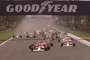 1980s F1 Gallery: 1989 Mexican Grand Prix: Ayrton Senna leads Nigel Mansell and Gerhard Berger with teammate Alain Prost at the start of the race