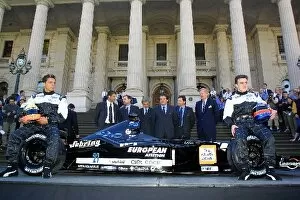 Images Dated 1st March 2001: Australian GP: Tarso Marques and Fernando Alonso pose with the new European Minardi PS01