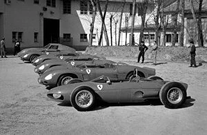 1962 Collection: Ferrari F1 Launch: A selection of racing Ferraris are displayed outside the Ferrari factory