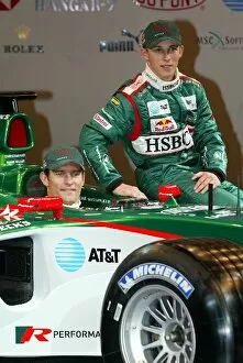 Team Mates Collection: Formula One Launch: L-R: Mark Webber and Christian Klien with the new Jaguar Cosworth R5