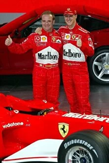 Images Dated 6th February 2002: Formula One Launch: Michael Schumacher, right, and team mate Rubens Barrichello, left