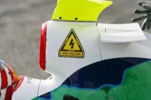 Images Dated 19th September 2008: Formula One Testing: High voltage KERS warning sticker on the Honda airbox