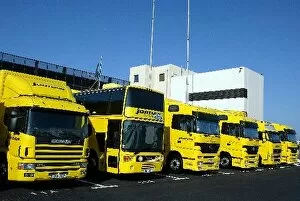 Motorhome Collection: Formula One Testing: Jordan Transporters and motorhomes in the paddock