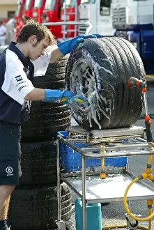 Images Dated 2nd September 2003: Formula One Testing: Michelin tyres are washed in the paddock