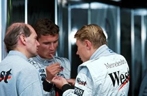Formula One World Championship: Adrian Newey Mclaren Technical Director with David Coulthard and Mika Hakkinen Mclaren