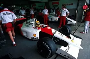 Brazil Collection: Formula One World Championship: Ayrton Senna and Gerhard Berger prepare to qualify their McLaren