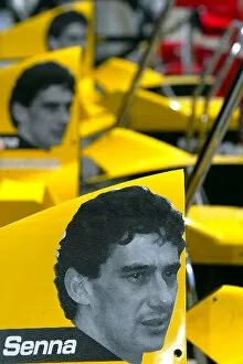 Images Dated 23rd April 2004: Formula One World Championship: Ayrton Senna logos on the Jordan engine cover this weekend